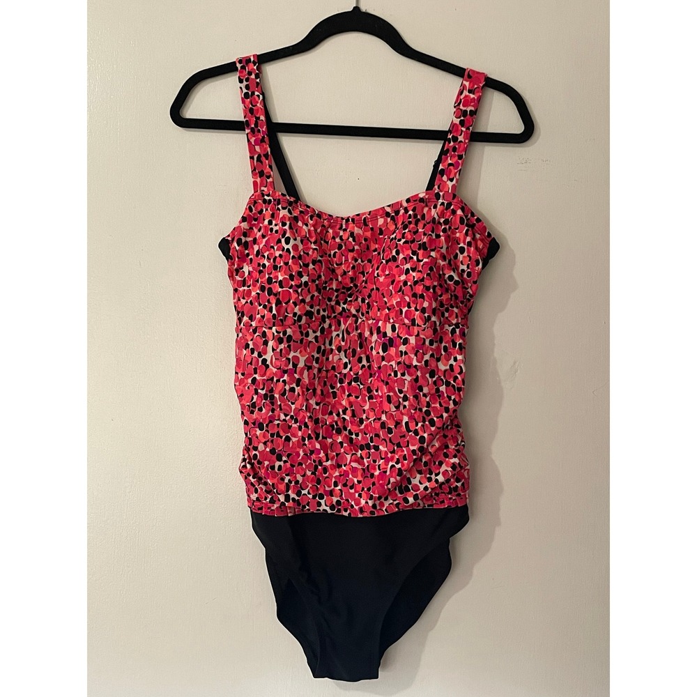 Krista Women's Pink‎ Black Dot Ruched One Piece Swimsuit Size 14